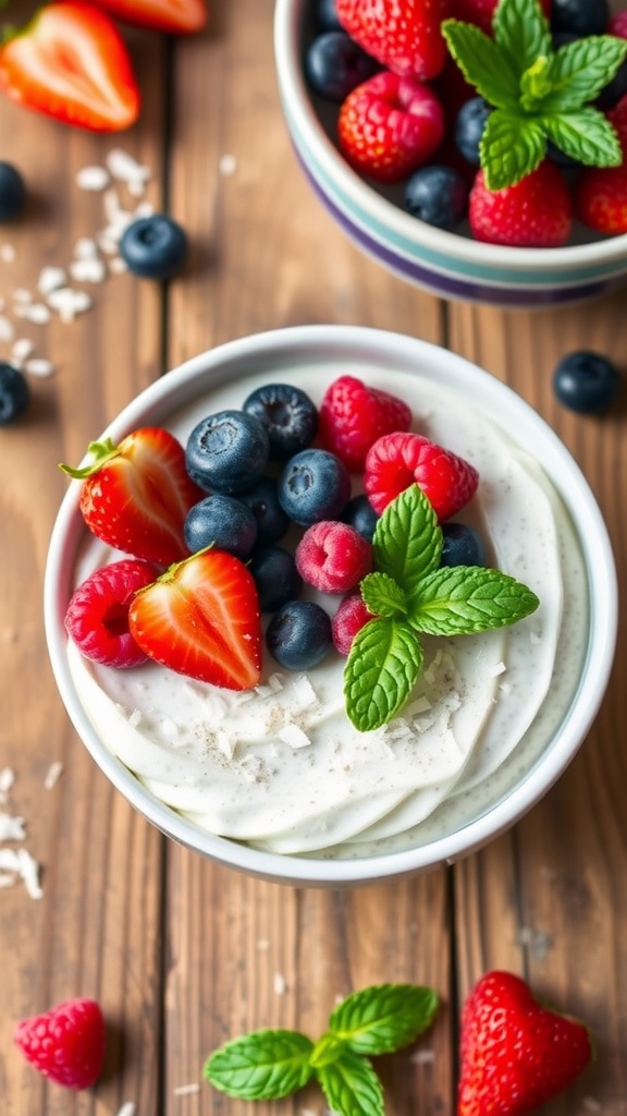 Keto Berry Coconut Chia Pudding topped with fresh berries and coconut flakes in a rustic bowl.